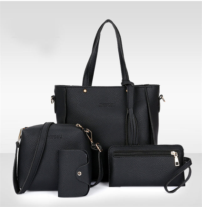 Black 4-Piece Women Bag Set Lychee Grain PU Leather Large Capacity Tote Shoulder Bag Crossbody Clutch and