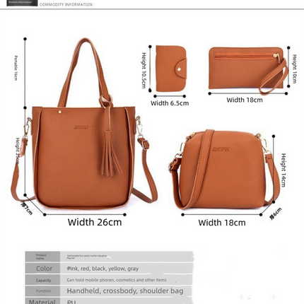 Black 4-Piece Women Bag Set Lychee Grain PU Leather Large Capacity Tote Shoulder Bag Crossbody Clutch and Card Holder for Daily Travel and Work Use