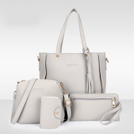 Grey 4-Piece Women Bag Set Lychee Grain PU Leather Large Capacity Tote Shoulder Bag Crossbody Clutch and Card Holder for Daily Travel and Work Use