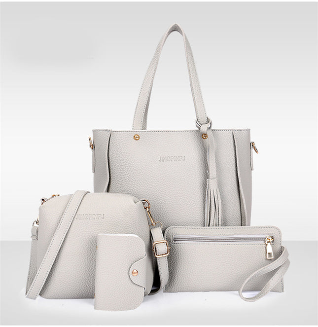 Grey 4-Piece Women Bag Set Lychee Grain PU Leather Large Capacity Tote Shoulder Bag Crossbody Clutch and
