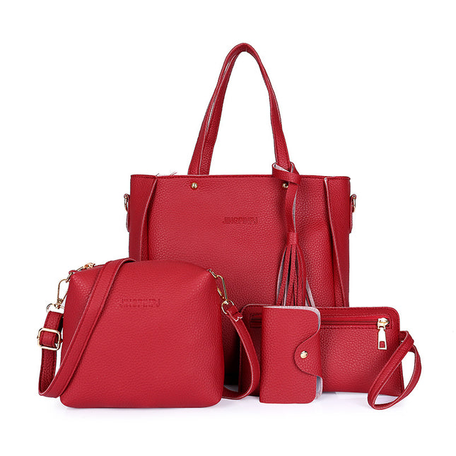 Red 4-Piece Women Bag Set Lychee Grain PU Leather Large Capacity Tote Shoulder Bag Crossbody Clutch and