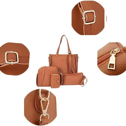 Red 4-Piece Women Bag Set Lychee Grain PU Leather Large Capacity Tote Shoulder Bag Crossbody Clutch and Card Holder for Daily Travel and Work Use