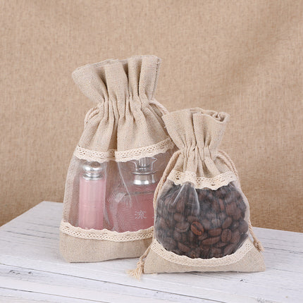 White 10 Pack Linen Canvas Drawstring Gift Bags with Lace Trim and Mesh Window 10x14cm Elegant Pouches for Jewelry Wedding Favours and Sachets