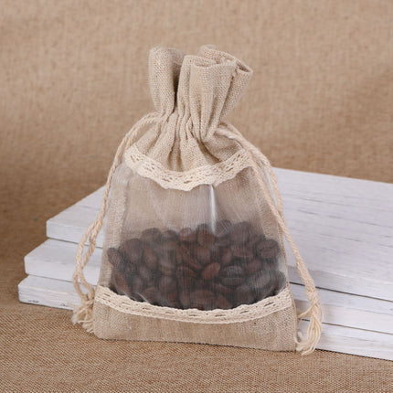 Brownish-gray 10 Pack Linen Canvas Drawstring Gift Bags with Lace Trim and Mesh Window 13x18cm Versatile Pouches for Wedding Favours and Home Storage in Australia