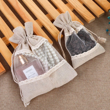 White 10 Pack Linen Canvas Drawstring Gift Bags with Lace Trim and Mesh Window 13x18cm Versatile Pouches for Wedding Favours and Home Storage in Australia