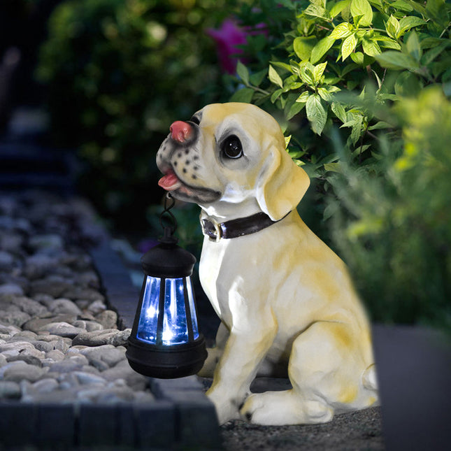 Solar Dog Garden Statue with Lantern Waterproof Resin Puppy Ornament for Outdoor Patio Pathway Backyard – product detail