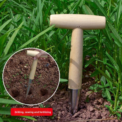 2 Pack Gardening Dibber with T-Shaped Wooden Handle Chrome Tip Seed Sower and Transplanting Tool with Measurement Scale for Local Garden Maintenance