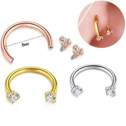 2-PCS White G23 Titanium Horseshoe Ring with 5A Zircon Internal Thread for Nose Ear Lip Septum Piercing Hypoallergenic Jewelry for Local Trendsetters