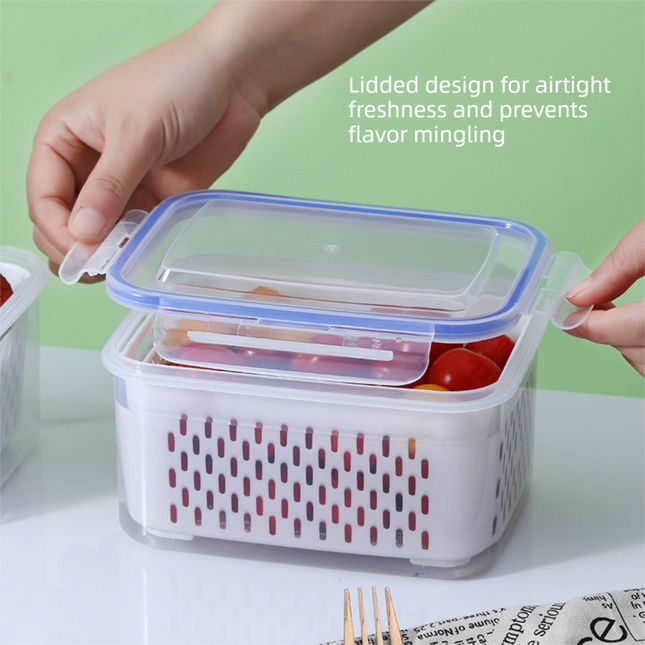 Blue 3-Piece Refrigerator Food Storage Container Set with Drain Basket and Airtight Lid 850ml 1750ml 3300ml Stackable Produce Saver for Local Homes