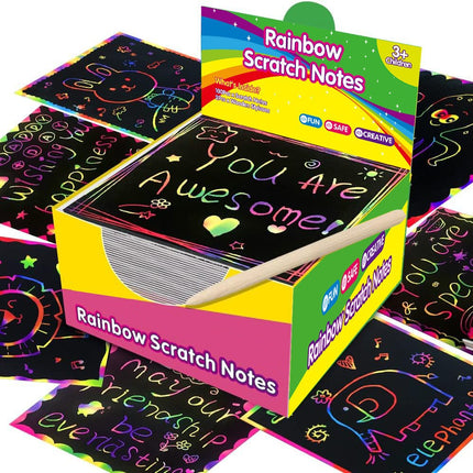 Green Rainbow Scratch Art Paper Notes 200 Sheets 2 Pack with Wooden Styluses for Kids DIY Drawing Mess-Free Creative Toy for Local Home and School Activities