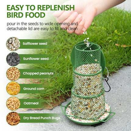Square Retractable Metal Hanging Bird Feeder 3-Tier Mesh Design Weatherproof Outdoor Wild Bird Feeding Station for Local Garden and Backyard Support