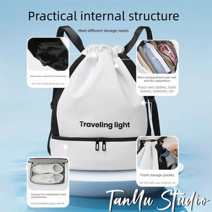 White Waterproof Drawstring Swimming Backpack with Wet Dry Separation and Shoe Compartment for Gym and Yoga Organized Gear Bag for Local Active Lifestyles