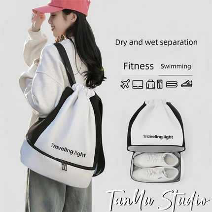 Grey Waterproof Drawstring Swimming Backpack with Wet Dry Separation and Shoe Compartment for Gym and Yoga Organized Gear Bag for Local Active Lifestyles
