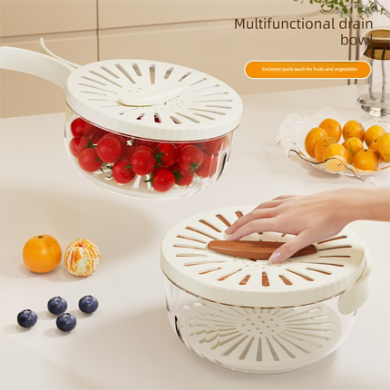 Brown Small Multi-functional Fruit and Vegetable Washing Bowl with Lid and Hidden Handle Double-Layer Drainage Container for Refrigerator Storage and Outdoor Picnic Efficient Food Preservation for Local Standard Kitchens