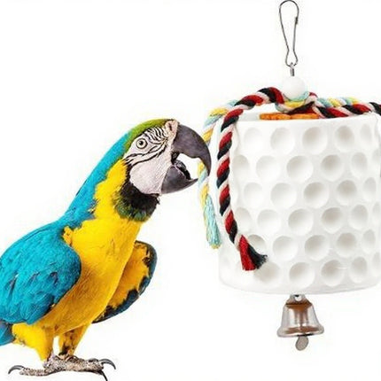 2-Pack White Hanging Bird Chew Toy with Bell and Rope, Ideal for Parrots, Squirrels, and Rodents – Durable Wood-Based Grinding Stone for Beak Exercise and Enrichment