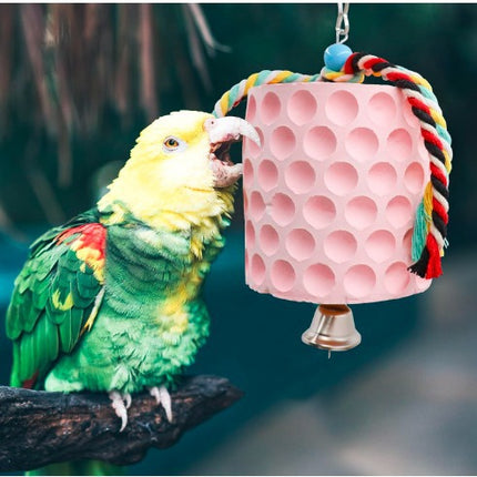 2-Pack White Hanging Bird Chew Toy with Bell and Rope, Ideal for Parrots, Squirrels, and Rodents – Durable Wood-Based Grinding Stone for Beak Exercise and Enrichment