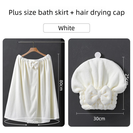 White Plus Size Bath Wrap Dress with Adjustable Elastic Waist and Bow Detail – Soft Absorbent Towel Robe for Post-Shower Comfort
