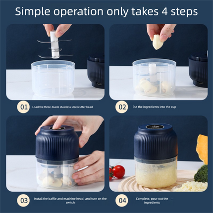 2-Leaf blade Blue Wireless Electric Garlic Chopper 300ml Portable Mini Food Processor USB Rechargeable for Baby Food and Dipping Sauce Essential Local Kitchen Tool