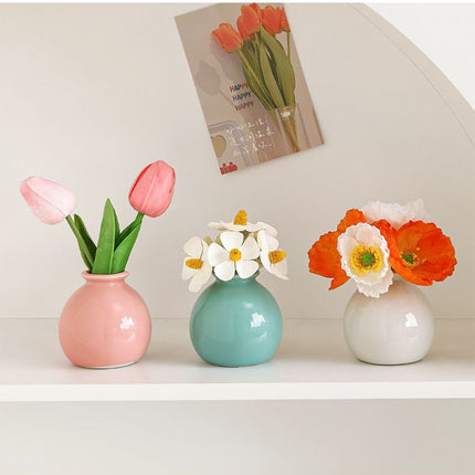 Ceramic Vase with Artificial Flowers Set – Mini Decorative Pot for Home Living Room or Desk Display(White vase with yellow daisies)