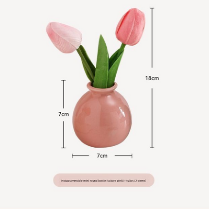 Ceramic Vase with Artificial Flowers Set – Mini Decorative Pot for Home Living Room or Desk Display(Dark pink vase and tulips)