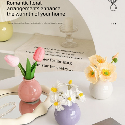 Ceramic Vase with Artificial Flowers Set – Mini Decorative Pot for Home Living Room or Desk Display(Blue bottle and white tulips)