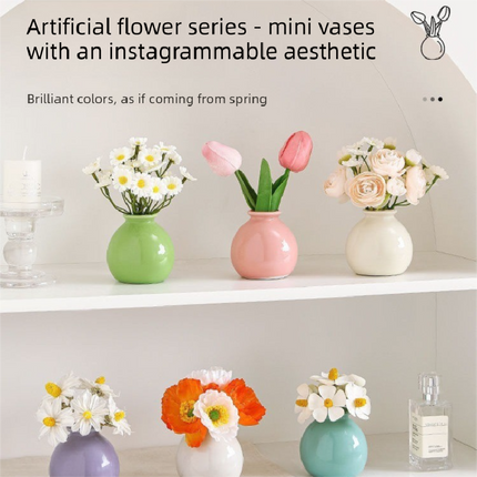 Ceramic Vase with Poppy Artificial Flowers Set – Mini Decorative Pot for Home Living Room or Desk Display