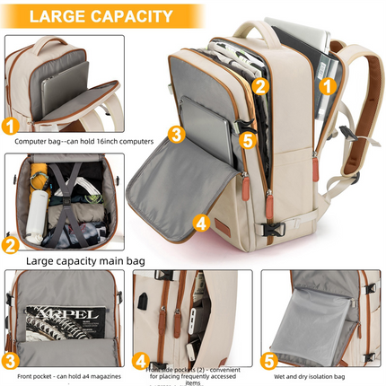 Pink Large Capacity Backpack with USB Charging Port and Waterproof Fabric for Travel Work and Daily Use