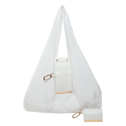 White Foldable Tote Bag with Built-In Storage Pouch – Compact Reusable Shopping Bag That Packs into Itself, Ideal for Daily Carry and Eco-Friendly Use