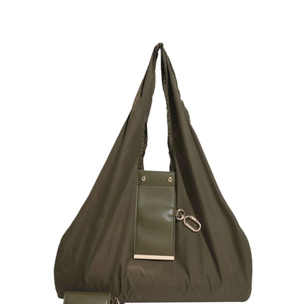 Olive drab Foldable Tote Bag with Built-In Storage Pouch – Compact Reusable Shopping Bag That Packs into Itself, Ideal for Daily Carry and Eco-Friendly Use