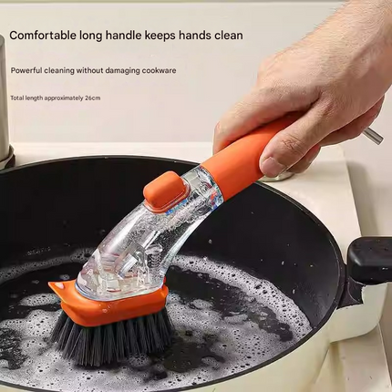 Dark green Long-Handled Liquid Dispensing Pot Scrubber – Multi-Use Kitchen Cleaning Brush with Built-In Detergent Reservoir