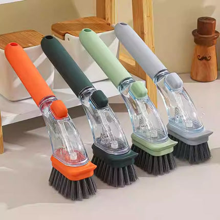 Dark green Long-Handled Liquid Dispensing Pot Scrubber – Multi-Use Kitchen Cleaning Brush with Built-In Detergent Reservoir