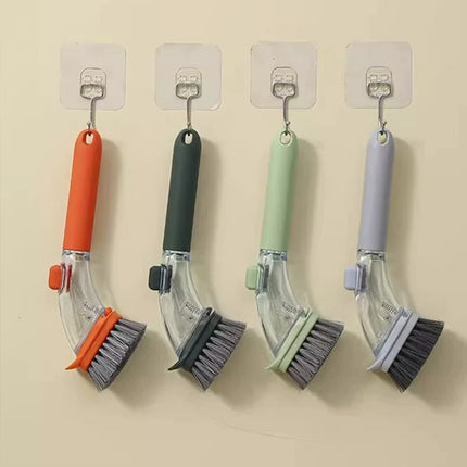 Dark green Long-Handled Liquid Dispensing Pot Scrubber – Multi-Use Kitchen Cleaning Brush with Built-In Detergent Reservoir