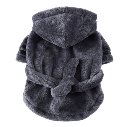 Grey Cozy Pet Bathrobe Sleepwear – Plush Fleece Dog Robe with Hood and Adjustable Waistband for Small to Medium Breeds(Size:XL)