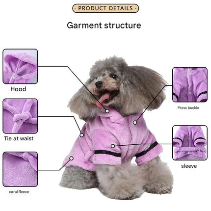 Purple Cozy Pet Bathrobe Sleepwear – Plush Fleece Dog Robe with Hood and Adjustable Waistband for Small to Medium Breeds(Size:XL)