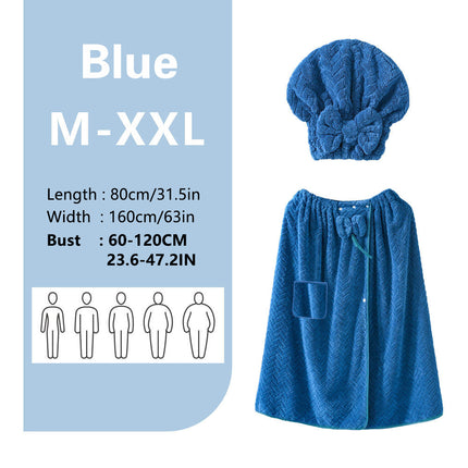 Blue Coral Fleece Bath Skirt with Matching Hair Towel – Soft Absorbent Wrap Dress for Women, Quick-Dry Shower Robe Set with Elastic Waistband and Adjustable Fit