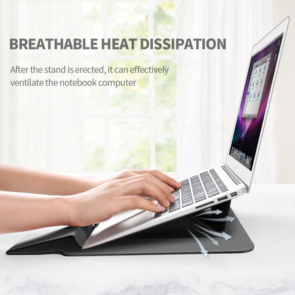 Grey 3-in-1 Laptop Sleeve with Built-In Stand & Wrist Rest – Waterproof PU Protective Case for 13/14 Inch Laptops, Portable and Ergonomic Design