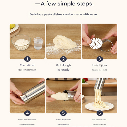 White Wireless Handheld Electric Pasta Maker – Rechargeable Dough Extruder with 5 Nozzles for Homemade Noodles, Spaghetti, Fettuccine & Sausage Stuffer, USB-C Charged
