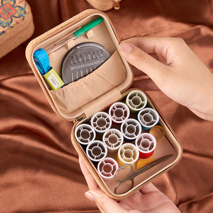 Brown Flower Sea Style Portable Sewing Kit – Compact Travel Set with Needles, Thread, Scissors, Thimble, and Pin Cushion for Home, Dorm, or Emergency Repairs