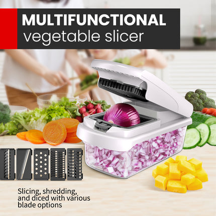 Black Multifunctional Vegetable Slicer – Manual Kitchen Cutter with Adjustable Blades for Slicing, Dicing, Shredding, Garlic Grinding, and Egg White Separation