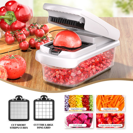 White Multifunctional Vegetable Slicer – Manual Kitchen Cutter with Adjustable Blades for Slicing, Dicing, Shredding, Garlic Grinding, and Egg White Separation