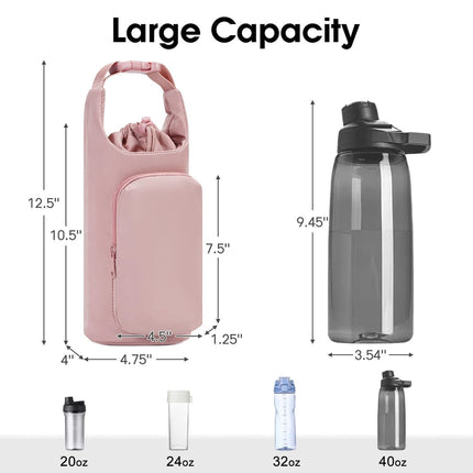 Pink Insulated Water Bottle Carrier with Shoulder Strap – Portable Sleeve for Large Bottles, Featuring Front Pocket and Key Hook
