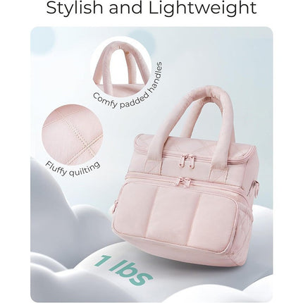 Beige Double-Layer Insulated Lunch Bag – Quilted Design with Top and Bottom Compartments, Shoulder Strap, and Smooth Two-Way Zippers