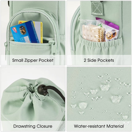 Green Water Bottle Carrier with Drawstring Closure – Adjustable Shoulder Strap, Front Pocket, and Side Storage for Daily Use