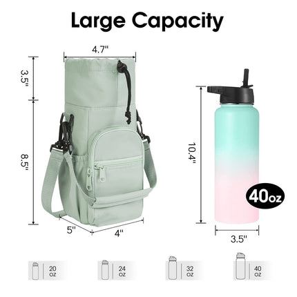 Green Water Bottle Carrier with Drawstring Closure – Adjustable Shoulder Strap, Front Pocket, and Side Storage for Daily Use