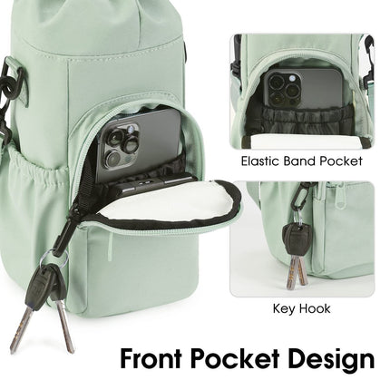 Purple Water Bottle Carrier with Drawstring Closure – Adjustable Shoulder Strap, Front Pocket, and Side Storage for Daily Use