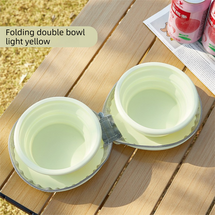 Yellow Portable Foldable Dual Bowl for Pets – Silicone Feeding and Water Dish with Compact Storage Design