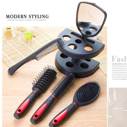 Red 5-Piece Hair Care Set with Rotating Stand – Includes Flat Comb, Styling Brush, Massage Comb, Round Brush, and Handheld Mirror