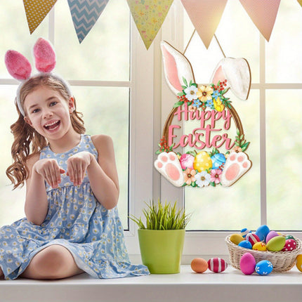 Happy Easter Wooden Wall Hanging Sign with Floral Design and Bunny Ears for Spring Home Decor Door Decoration