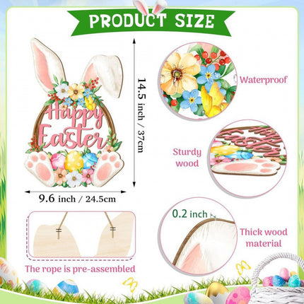 Happy Easter Wooden Wall Hanging Sign with Floral Design and Bunny Ears for Spring Home Decor Door Decoration