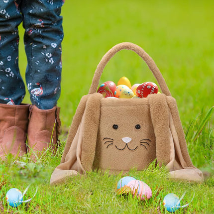 Grey Cute Plush Bunny Easter Basket with Long Ears and Personalization Option for Kids Egg Hunt and Spring Celebration